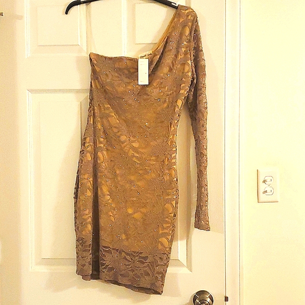 Emerald Sundae asymmetrical taupe lace dress in size Medium.